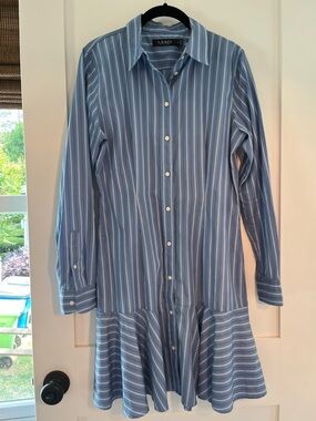 Ralph Lauren Blue and White Striped Long-Sleeve Shirt Dress